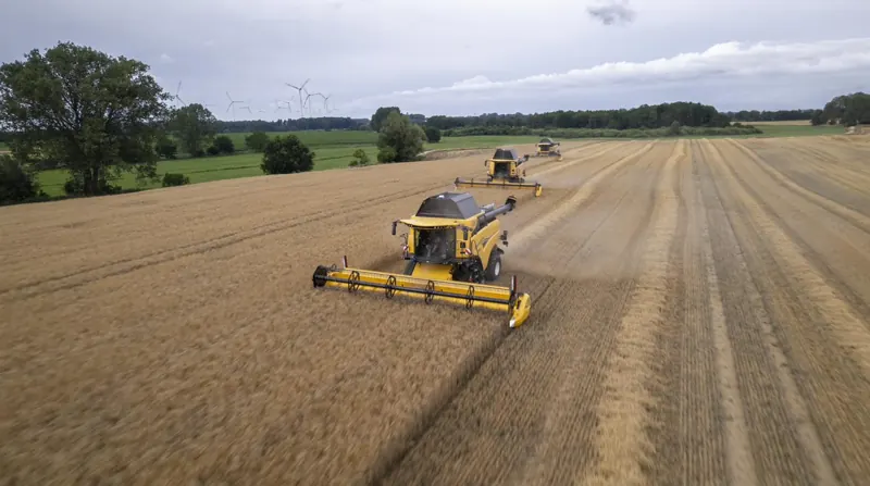 Drei New Holland Mähdrescher in Kolonne, Windräder im Hintergrund